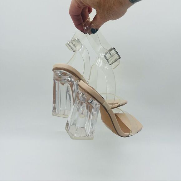 STEVE MADDEN Women's Hundred Clear Block Sandal in Nude - Picture 5 of 10
